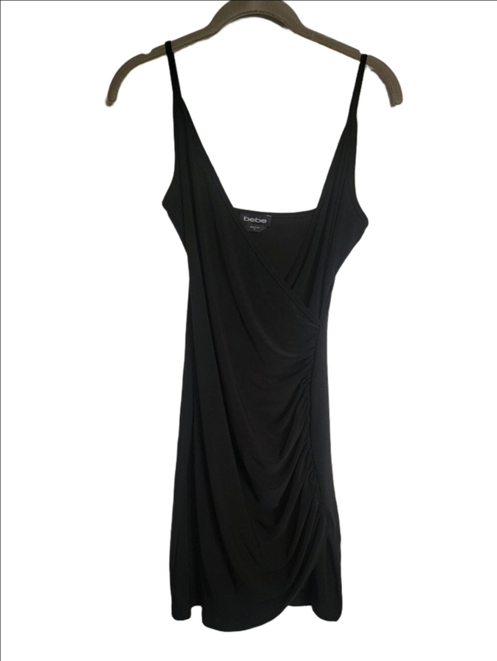 BEBE Black Ruched V-Neck Spaghetti Strap Mini Dress Y2K Style Slinky Sexy LBD - Picture 3 of 14